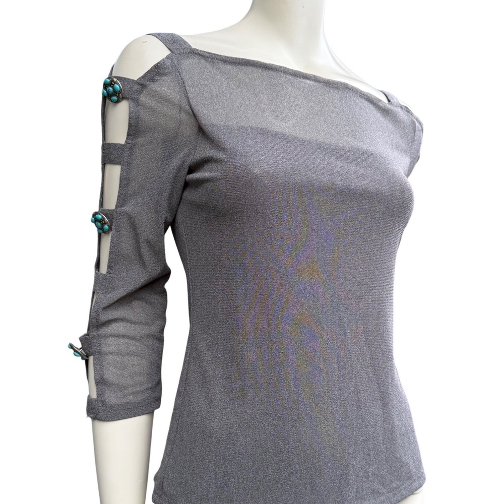 Vintage Joseph Ribkoff Cold Shoulder Top Vintage Union Made Gray Turquoise 10 M